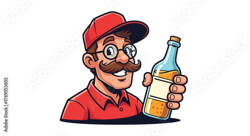 Cartoon man with mustache holding a bottle, beverage industry mascot concept