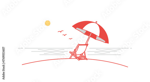 Stylized seashore scene with lounge chair and sunshade offering relaxation time