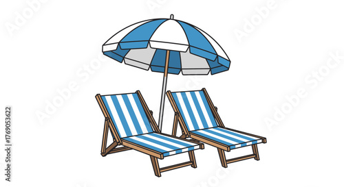 Illustration of Two Lounge Chairs with Blue and White Stripes Under a Beach Umbrella