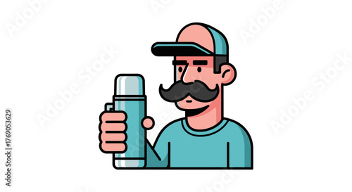 Cartoon man with large mustache holding a thermos illustration for web and print usage
