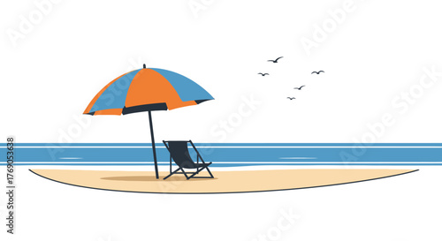 Simplified beach scene with umbrella, chair and birds evoking tranquility and relaxation