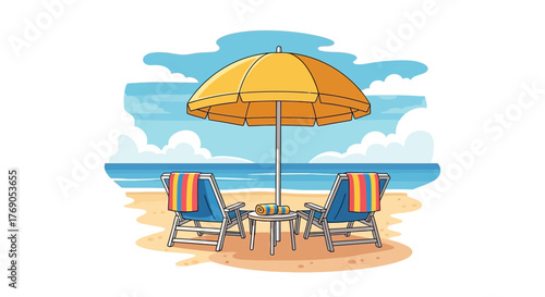 Cartoon illustration depicting a relaxing summer beach scene with chairs and umbrella