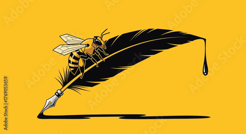 A whimsical illustration of a bee perched on a quill pen, dripping with dark ink against a mustard