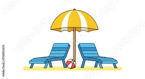 A sunny beach scene featuring lounge chairs, a playful ball, and a protective umbrella