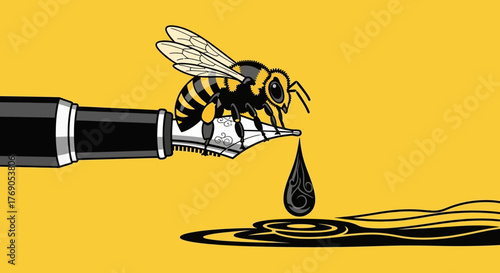Innovative depiction of creative expression as a honeybee atop a pen dripping ink