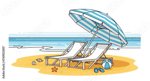 Tranquil beach getaway illustration showcasing relaxation and summer vacation vibes with lounge