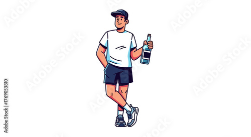 Cartoon illustration of a smiling man holding a bottle with casual outfit and cap
