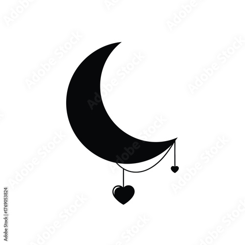 Black crescent moon with dangling heart charms white