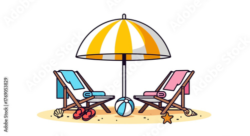 Vivid summer beach scene with lounge chairs, striped umbrella and beach accessories offering