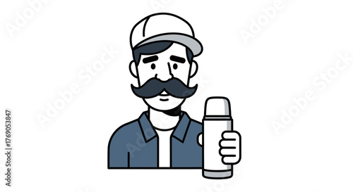 Handyman character illustration with mustache holding an insulated drink container breaktime concept