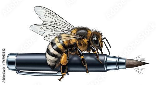 Detailed rendering of a bee perched atop a sleek, silver and black fountain pen with brush