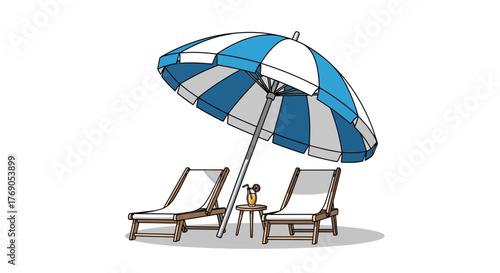 Serene beach scene with lounging chairs, a refreshing drink and sun protection under a vibrant
