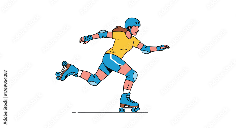 Fototapeta premium Enthusiastic woman roller skating with safety gear in vibrant cartoon illustration