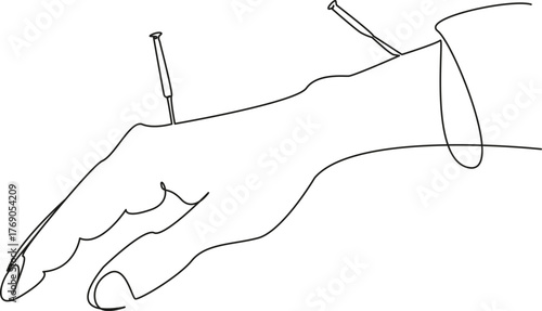 One continuous single drawing line art flat doodle needle, skin, acupuncture, treatment, hand, therapy, care, healing, alternative, medicine. Isolated image hand draw contour on a white background, ha
