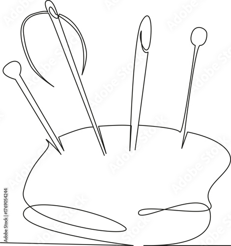 One continuous single drawing line art flat doodle needlecraft, hand-made, sewing, craft, pincushion, pin, dressmaker, textile, design. Isolated image hand draw contour on a white background, hand dra