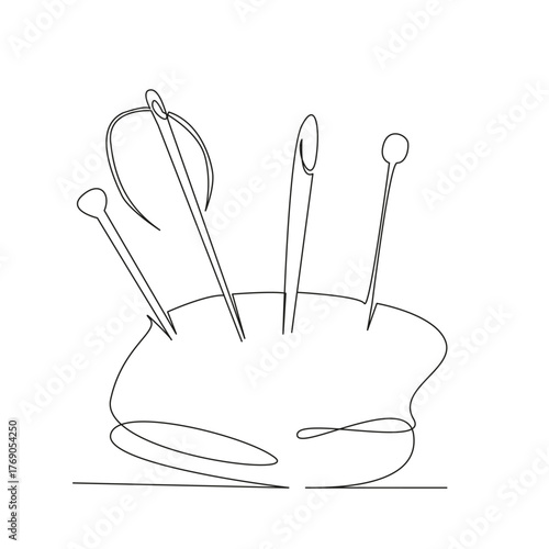One continuous single drawing line art flat doodle needlecraft, hand-made, sewing, craft, pincushion, pin, dressmaker, textile, design. Isolated image hand draw contour on a white background, hand dra