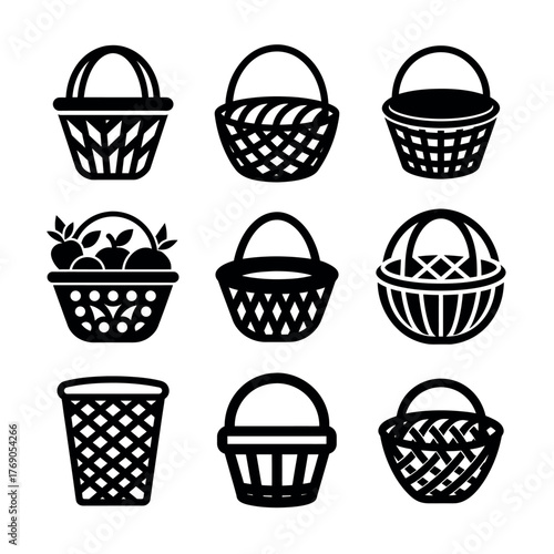 Basket Icons Set – Black and White Wicker and Shopping Basket Vector Illustration