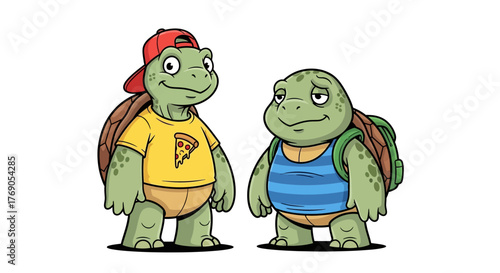 Cartoon turtle duo: A trendy turtle with a pizza tee meets a weary backpacker
