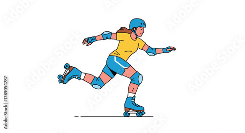 Enthusiastic woman roller skating with safety gear in vibrant cartoon illustration