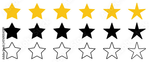 Set of various star shapes for rating and feedback systems. Includes filled, black, and outlined styles. Ideal for app rating, review icons, and interface design.