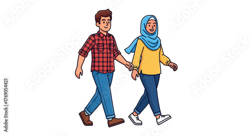 Cartoon illustration of a happy couple walking together on a bright white backdrop creating joyful