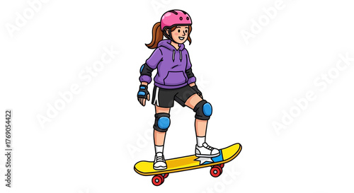 Cartoon girl with protective gear skateboarding with style and a determined expression of enjoyment