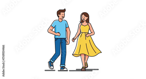 Cheerful couple taking a leisurely walk illustrated with clean lines and bright color palette for