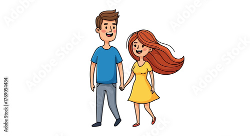 Charming cartoon depiction of a couple holding hands and walking together cheerfully, radiating