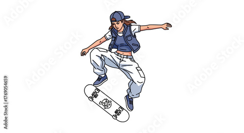Illustrated skater performing a trick, showcasing youthful energy and dynamic movement in mid-air