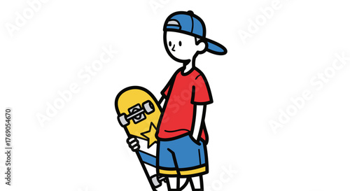 Stylized illustration showcasing a young skater holding a yellow skateboard with star design