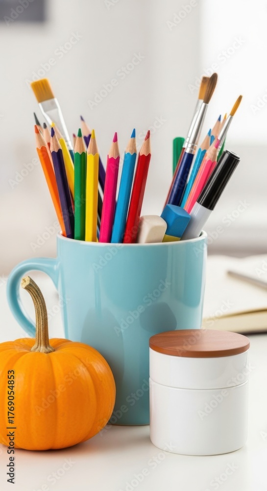 Obraz premium Colorful stationery in a blue cup next to a small pumpkin and a jar on a creative workspace