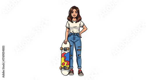 Stylish skater girl in ripped jeans and tee shirt posing with her colorful skateboard casually on