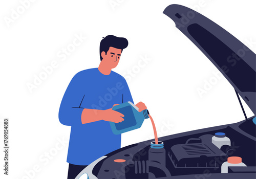 Person pouring liquid into car with the hood open. Perfect for automotive maintenance, car repair, vehicle troubleshooting, engine fluid inspection concepts.