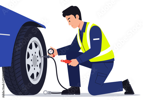 Worker checks tire pressure on blue car at mechanic. Suitable for automotive, maintenance, inspection, servicing, repair, and transportation concepts.