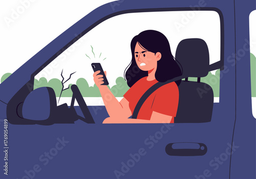 Worried woman multitasks with phone driving blue car. Suitable for illustrating distracted driving, car safety, multitasking, technology risks.