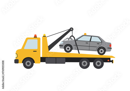 Yellow tow truck transporting a gray car on its flatbed. Suitable for transportation industry designs, roadside assistance graphics, car rescue concepts.