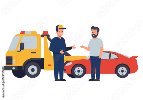 Tow truck driver assisting a man with a broken red car. Suitable for transportation, automotive, roadside assistance, and servicerelated concepts.