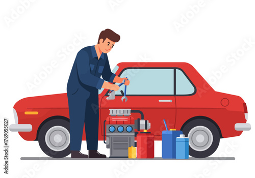 Mechanic skillfully repairs red car engine using tools. Suitable for automotive, repair, mechanic services, and professional car maintenance concepts.