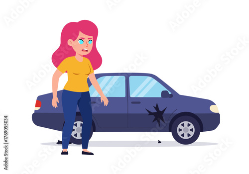 Crying woman near damaged blue car in despair. Suitable for automotive insurance or car repair service advertising campaigns.
