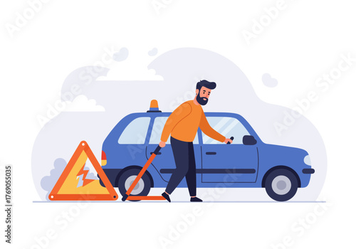 Man stranded with a breakdown near his car. Perfect for automotive blogs, articles, social media posts, or insurance company advertisements.
