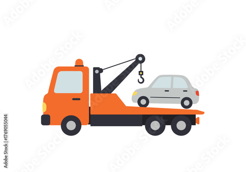 Orange tow truck transports silver car on flatbed ideal for transportation, car insurance, roadside assistance, towing services, automotive industry designs.