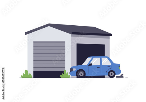 Blue car parked outside a white twodoor garage, suitable for automotive blogs, real estate advertising, or car dealership websites.