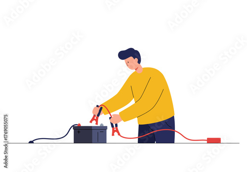 Man connecting jumper cables to a car battery. Useful for automotive manuals, emergency preparedness guides, and educational materials.