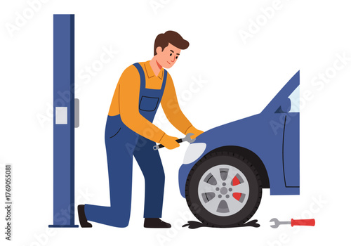 Mechanic using wrench on car repair. Automobile maintenance concept perfect for automotive blogs, car workshops, or industrial presentations.