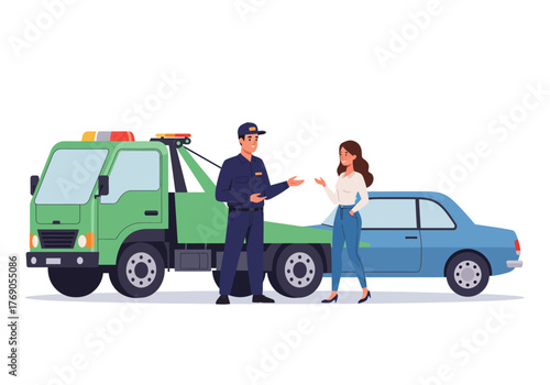 Tow truck driver assisting woman with blue broken down car roadside suitable for automotive or emergency service designs.