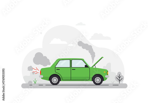 Green car breakdown with open hood and smoke. Suitable for automotivethemed designs, vehicle repair services ads, and insurance concepts.