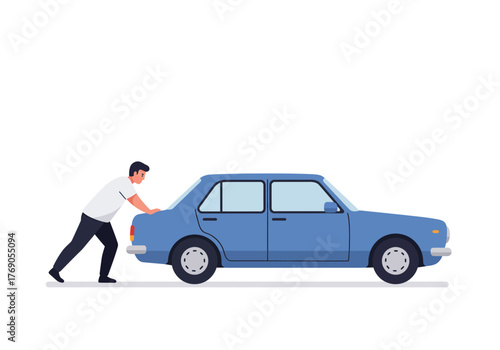 Man struggling to push blue car on roadside could be useful for illustrating car breakdown, transportation issues, automotive services, and roadside assistance concepts.