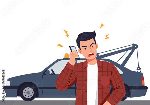 Angry man on a phone next to a tow truck breakdown. Suitable for depicting frustration, car trouble, roadside assistance, communication.