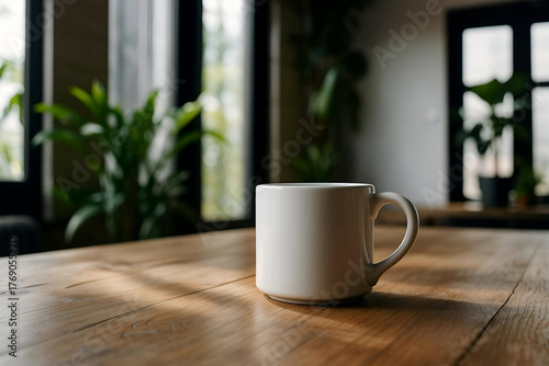 White Coffee Mug on Wooden Table in Cozy Minimalist Home Interior