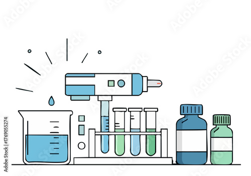 stylized lab illustration depicts a tranquil experiment with beakers test tubes and a syringe The design features a cool blue color palette and a modern minimalist aesthetic -Test the Tranquil-